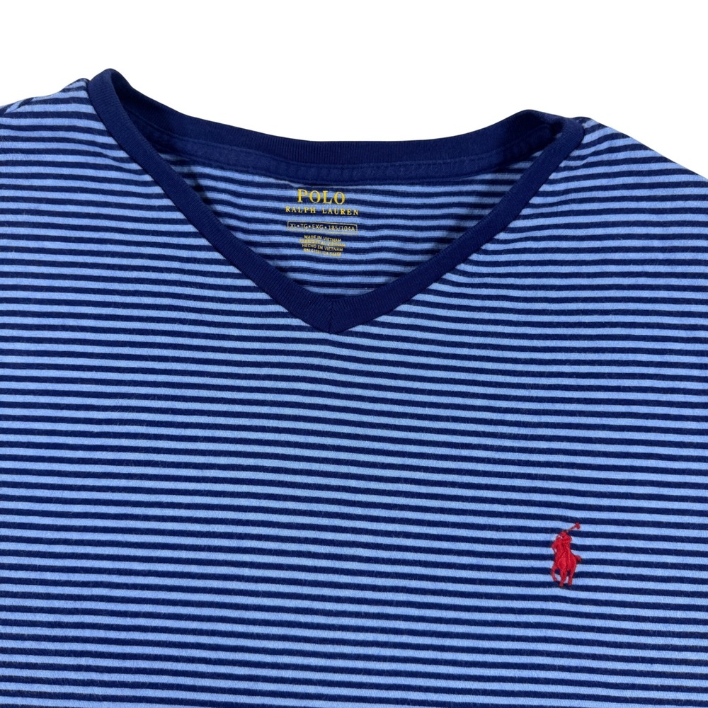 Polo Ralph Lauren Blue Striped V-Neck Cotton T-Shirt Red Pony Logo Men's XL